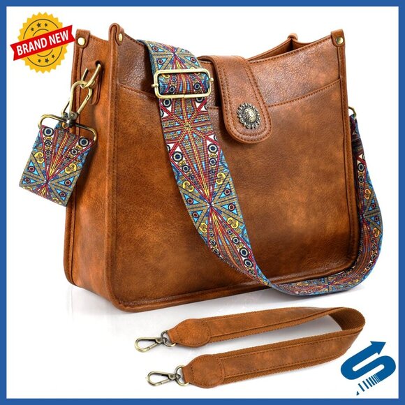 Handbags - Vegan Leather Hobo Bag Crossbody Purse Trendy Boho Two Strap Design